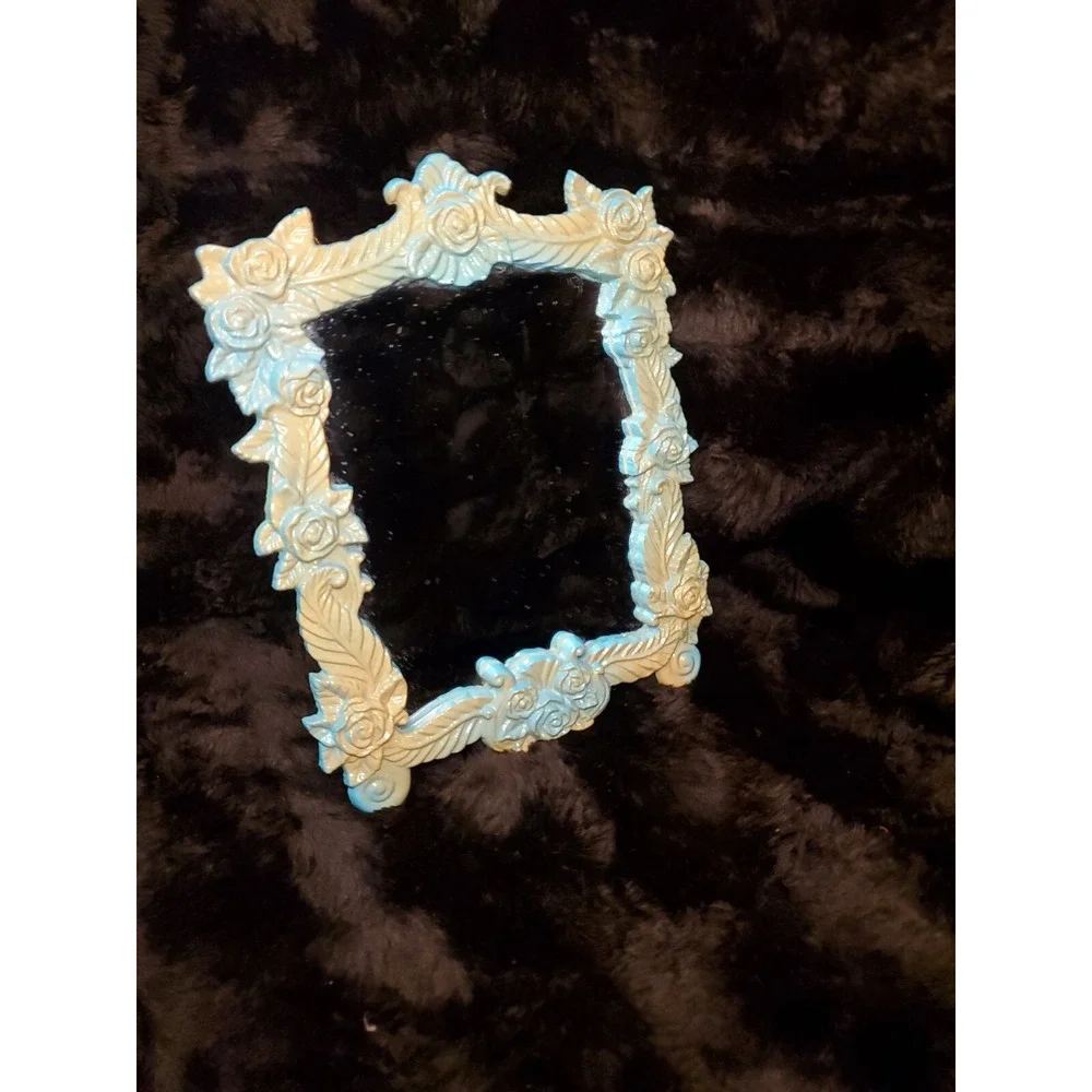 Vintage Cast Iron Vanity Mirror Ornate French Victorian Tabletop Turquoise/Beige